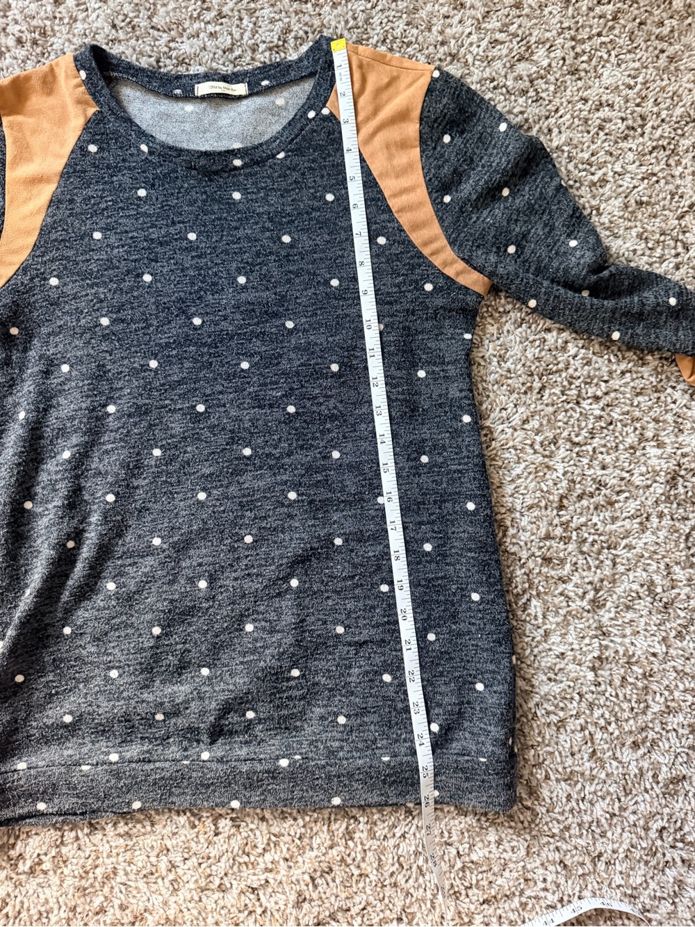 12 Pm By Mon Ami Charcoal Polka Dot Sweatshirt with Tan Suede Patches - Picture 3 of 4